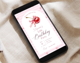 Invitación de cumpleaños con cerezas, cereza en la cima, digital, Coquette, Evite, lazo rosa con cerezas, invitación, moderna plantilla Canva para invitación de cumpleaños de niña
