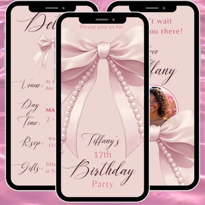 Può includere: Tre smartphone mostrano un invito di compleanno animato rosa. L'invito presenta un grande fiocco, dettagli di perle e il testo "Tiffany's 17th Birthday Party". In basso si legge "Animated Video".