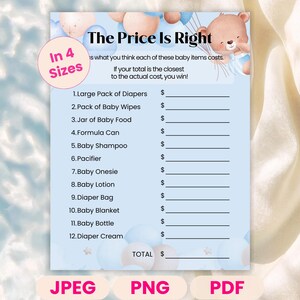 Puede incluir: Tarjeta de juego para baby shower azul claro, titulada "The Price Is Right", con un gráfico de oso de peluche. La tarjeta incluye una lista de artículos para bebés con espacios para escribir el costo estimado. Disponible en JPEG, PNG y PDF.
