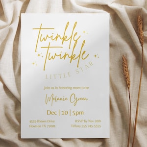Twinkle Twinkle Little Star em ouro chá de bebê convite editável para a mãe ser clássico ele ou ela tema estrela cor dourada revelação de gênero