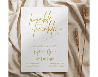 Twinkle Twinkle Little Star in Gold baby shower editable invitation for mom to be classic he or she star theme gold color gender reveal