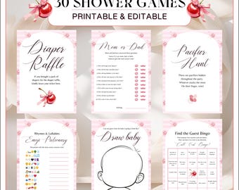 30 Baby Shower Games Cherry Bow Baby Shower Game Bundle Cherry on Top Baby Shower Bundle in Soft  Pink & Red Printable Baby Games