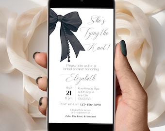 Editable She's Tying the Knot Bridal Shower Invitation Matte Black Bow Wedding Shower Evite Elegant Coquette Bachelorette Party Template