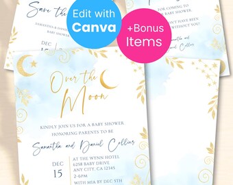 Modèle de toile 5 x 7 modifiable sur l'invitation de baby shower lune bleu bébé, Invitation de baby shower céleste imprimable pour garçon ou fille