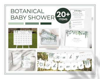 Editable Botanical Baby Shower Bundle 20+ Items Complete Shower Set for Printable BabyShower Decor in Botanical Theme and Sage Green
