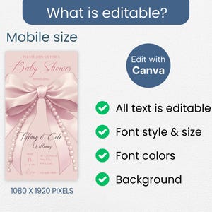 May include: A pink and white baby shower invitation with a pink bow and pearl accents. The text reads "Please join us for a Baby Shower". The invitation is editable with Canva and includes text, font style, font color, and background.