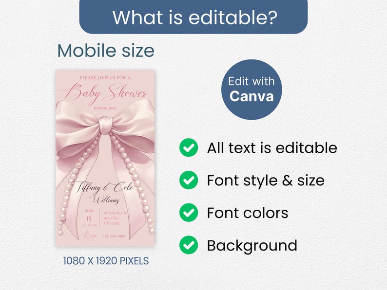 May include: A pink and white baby shower invitation with a pink bow and pearl accents. The text reads "Please join us for a Baby Shower". The invitation is editable with Canva and includes text, font style, font color, and background.