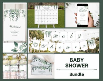 Editable Greenery Baby Shower Bundle 20+ Items Complete Shower Set for Printable BabyShower Decor in Leafy and Sage Green Theme