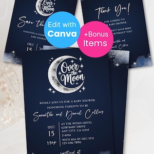 May include: Navy blue baby shower invitations with a celestial theme. The invitations feature the text "Over the Moon" with a crescent moon and stars. Includes details for Samantha and Daniel Collins' baby shower.