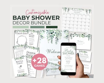 Green Baby Shower Editable Bundle Printable 20+ Items Complete Bundle Set for BabyShower in Sage Leafy Green All-In-One Shower Bundle