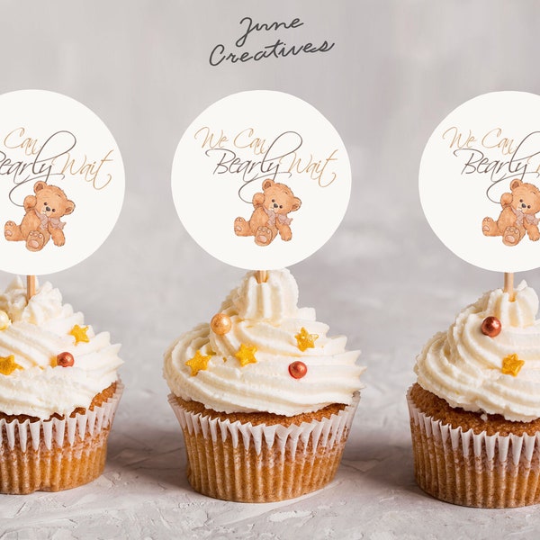 Teddy Bear Baby Shower Cupcake Toppers | We Can Bearly Wait Cupcake ...