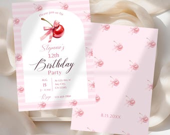 Cherry Birthday Invitation Cherry on Top Invite Coquette Invite Pink Bow with Berries Invitation Modern Girl Birthday Invite Canva Template