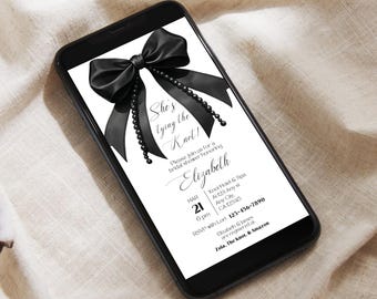 Editable She's Tying the Knot Bridal Shower Invitation Template  Black Bow Wedding Shower Invite Elegant Bachelorette Party Canva Digital
