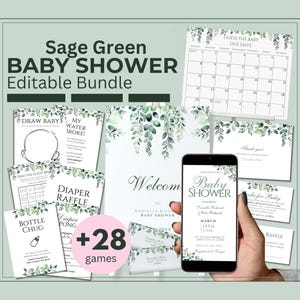 Sage Green Baby Shower Bundle Printable 20+ Items Complete Bundle Set for BabyShower in Sage Leafy Green