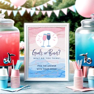 May include: A gender reveal party sign with a pink and blue watercolor background. The sign says "Goals or Bows? What do you think? Pick the answer with your drink!" Two glasses of pink and blue drinks are shown on the sign.