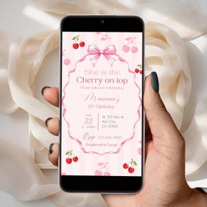 Cherry Geburtstag Evite Digital Pink Bow Party einladen Handy-freundlich Coquette Design Bearbeitbare Canva Vorlage