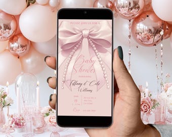 Pink Bow Baby Shower Invitation Editable Canva Template in Pink Coquette Bow and Pearls BabyShower Digital Invite PB2