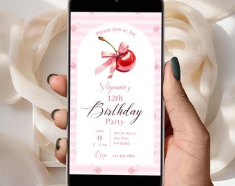 Invitación de cumpleaños con cerezas, cereza en la cima, digital, Coquette, Evite, lazo rosa con cerezas, invitación, moderna plantilla Canva para invitación de cumpleaños de niña