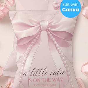 Rosa Baby-Dusche Chip Tasche bearbeitbare Canva Vorlage Druckbare Snack Gunst Tasche Bogen und Perlen Mädchen-Party DIY PB2