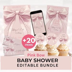 Rosa Schleife Baby Shower Bundle Editierbare Einladung Canva Template in Rosa Kokette Schleife und Perlen Printable BabyShower Decor Set PB2
