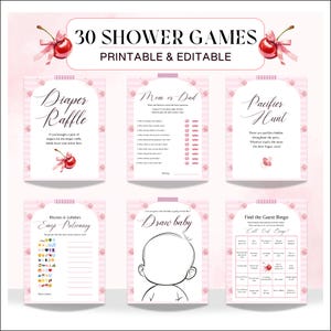 Lot de 30 jeux de baby shower Cherry Bow - Jeu de cartes de jeu à télécharger pour baby shower