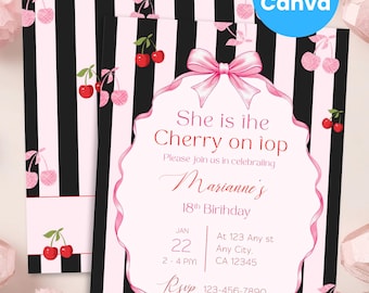 Puede incluir: Dos invitaciones con un fondo a rayas blancas y negras e ilustraciones de cerezas. La invitación principal tiene un marco rosa festoneado con el texto "She is the Cherry on top" y detalles del evento. Un lazo rosa está en la parte superior.