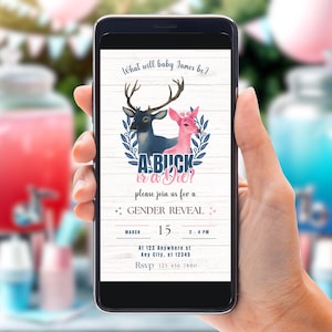 Plantilla de Canva para invitación móvil editable de revelación de género de ciervo o cierva para He She, rosa y azul GR24