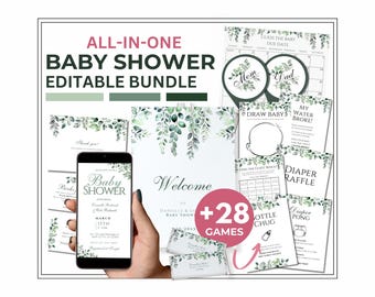Customizable Green Baby Shower Bundle Printable 20+ Items Complete Bundle Set for BabyShower in Sage Leafy Green