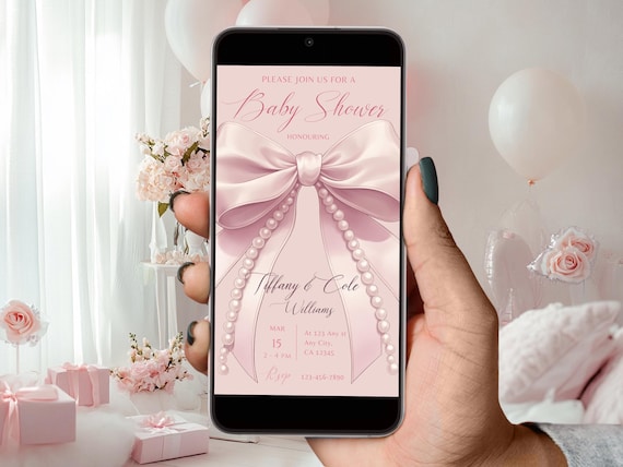 Editable Pink Baby Shower Invitation in Coquette Pink Bow and Pearls Mobile Invite Editable Canva Template BabyShower Digital Invite PB2