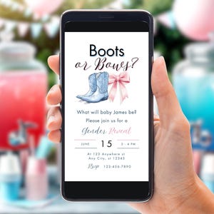 Boots or Bows Gender Reveal Mobile Evite Editable Canva Template in Pink and Blue He or She Digital Invite BB3