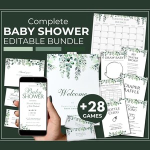 Sage Green Baby Shower Bundle Printable 20+ Items Complete Bundle Set for BabyShower in Sage Leafy Green