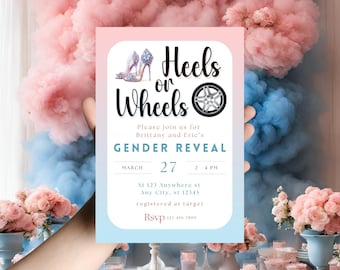 Wheels or Heels Editable Invite baby gender reveal invites what will baby be invitations he or she gender reveal themes gender announcements