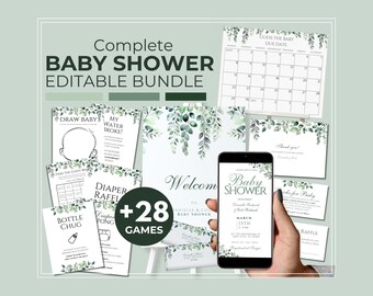 Editable Botanical Baby Shower Bundle 20+ Items Complete Shower Set for Printable BabyShower Decor in Botanical Theme and Sage Green