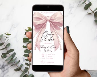 Pink Bow Baby Shower Evite Coquette Pink Mobile Invitation Editable Canva Template BabyShower Invite in Light Pink PB2