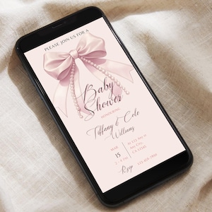 Modelo de convite editável Canva para chá de bebê com laço rosa e pérolas, convite digital personalizável para chá de bebê rosa PB2