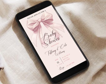 Pink Bow Baby Shower Editable Canva Invite Template in Pink Coquette Bow and Pearls Customizable Digital Evite for Pink Baby Shower PB2