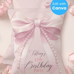Rosa Schleife Geburtstag Chip Tasche Canva Vorlage Bearbeitbare druckbare Mädchen Party Favor Snack Tasche Bogen und Perle Thema PB7