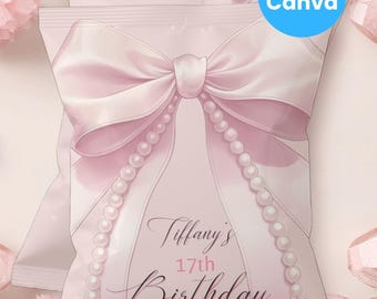 Pink Bow Birthday Chip Bag Canva Template Editable Printable Girl Party Favor Snack Bag Bow and Pearl Theme PB7
