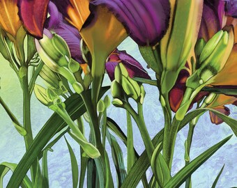 Colorful Asiatic Lilies Giclée, Asiatic Lilies Large Floral Print, Purple Exotic Flowers Handmade Artwork, Great Gift For Plant Lovers