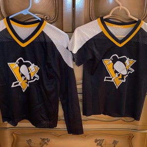 PITTSBURGH PENGUINS Childrens size light weight knit jerseys . One with sleeves, one with cut sleeves . From the late 80's/early 90's.