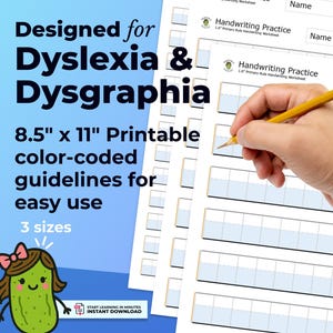 Op de afbeelding: Printbare handschrift oefenbladen van 21,6 cm x 27,9 cm, ontworpen voor dyslexie en dysgrafie. Voorzien van kleurgecodeerde richtlijnen voor eenvoudig gebruik. Met de tekst "Handwriting Practice" en "Name".