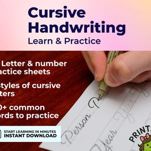 May include: Image of a cursive handwriting practice sheet with the words "Person", "Year", and "Way" written on it. The image also includes the text "Cursive Handwriting Learn & Practice" and details about the practice sheets.