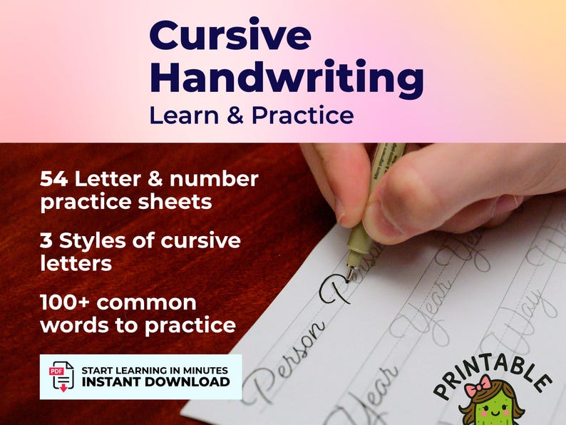 Elegant cursive handwriting worksheets printable PDF instant download featuring alphabet, numerals, and common words for beginners.