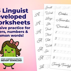 Printable cursive handwriting worksheets set with 66 pages including letters, numerals, and common words for homeschool and classroom practice.