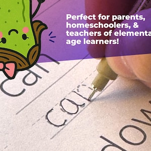 May include: A hand writing the word "car" on lined paper with a pen. The image includes a cartoon pickle character with a pink bow tie. Text reads "Perfect for parents, homeschoolers, & teachers of elementary age learners!"
