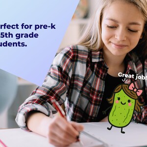 May include: A person writing in a white notebook with a red pen. The person is wearing a checked shirt. A cartoon pickle character with a pink bow and the words "Great job!" are also in the image. Text in the image reads "Perfect for pre-k to 5th grade students."