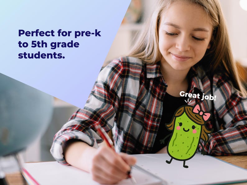 May include: A person writing in a white notebook with a red pen. The person is wearing a checked shirt. A cartoon pickle character with a pink bow and the words "Great job!" are also in the image. Text in the image reads "Perfect for pre-k to 5th grade students."