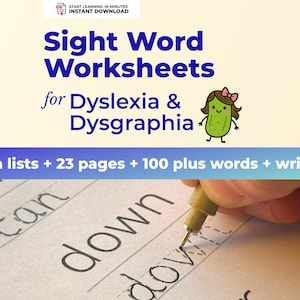 Könnte beinhalten: Arbeitsblätter für Sichtwörter für Legasthenie und Dysgraphie. Das Bild zeigt ein Arbeitsblatt mit den Wörtern "can" und "down", die geschrieben werden. Der Text enthält auch "dolch lists + 23 Seiten + über 100 Wörter + Schreiben".