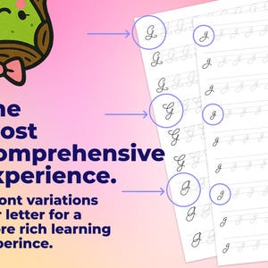 Detailed view of cursive letter worksheets showing uppercase and lowercase letters with three practice variations per character.