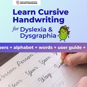 Peut inclure: Image promotionnant l'apprentissage de l'écriture cursive pour la dyslexie et la dysgraphie. Le titre "Learn Cursive Handwriting" est en grandes lettres bleues. L'image comprend les mots "numbers + alphabet + words + user guide + more". Une main écrit sur du papier.
